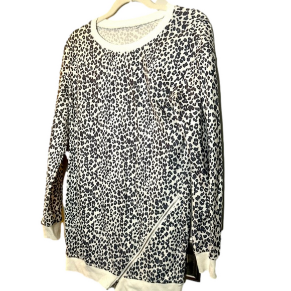 White Black and Grey Cheetah Leopard Print Zipper Sweatshirt Size S - Picture 1 of 4